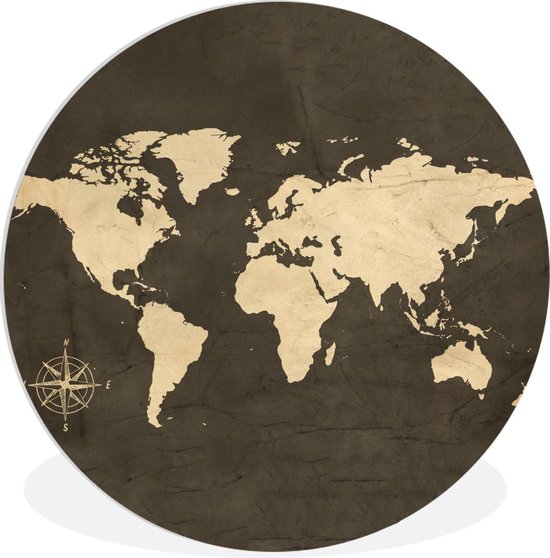 WallCircle - Wandcirkel ⌀ 150 - Wereldkaart - Windroos - Wit - Ronde schilderijen woonkamer - Wandbord rond - Muurdecoratie cirkel - Kamer decoratie binnen - Wanddecoratie muurcirkel - Woonaccessoires