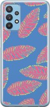 Samsung Galaxy A32 Telefoonhoesje - Transparant Siliconenhoesje - Flexibel - Met Plantenprint - Tropische Blaadjes - Donkerblauw