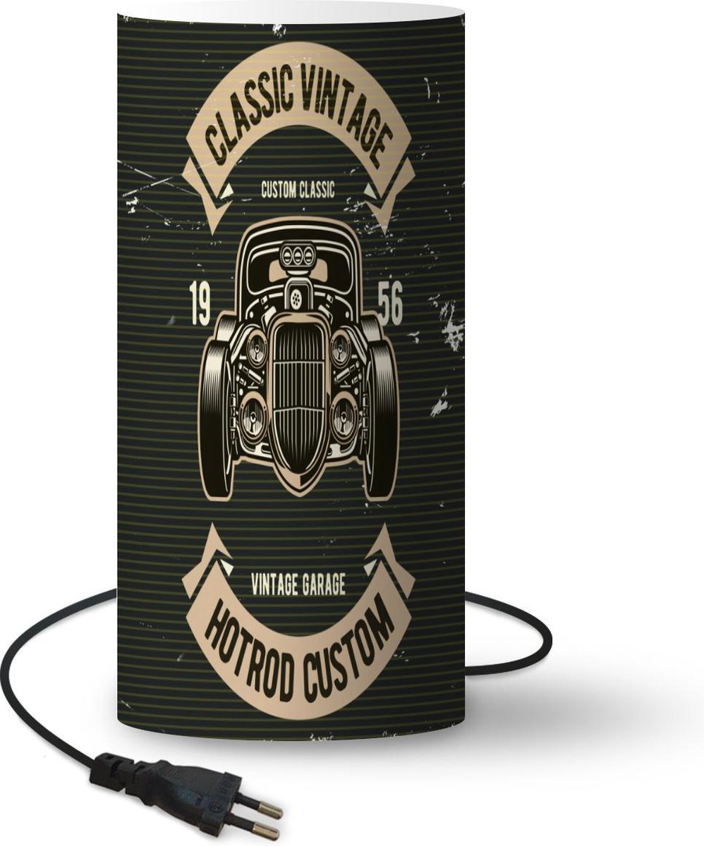 Lamp - Nachtlampje - Tafellamp slaapkamer - Oldtimer auto - Vintage - Tekening - 33 cm hoog - Ø15.9 cm - Inclusief LED lamp