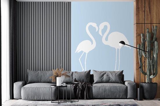 Silhouettes Witte de flamants roses sur fond bleu clair 195x300 cm