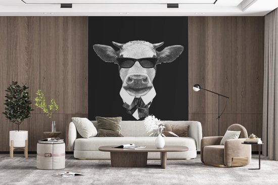 Papier peint - Papier peint photo Vache - Lunettes de soleil - Zwart - Wit - Largeur 190 cm x hauteur 260 cm