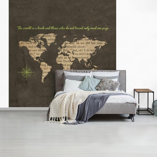 Behang - Fotobehang Wereldkaart - Letters - Windroos - Breedte 280 cm x hoogte 280 cm