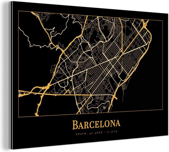 Wanddecoratie Metaal - Aluminium Schilderij - Kaart - Barcelona - Goud - Zwart - Dibond