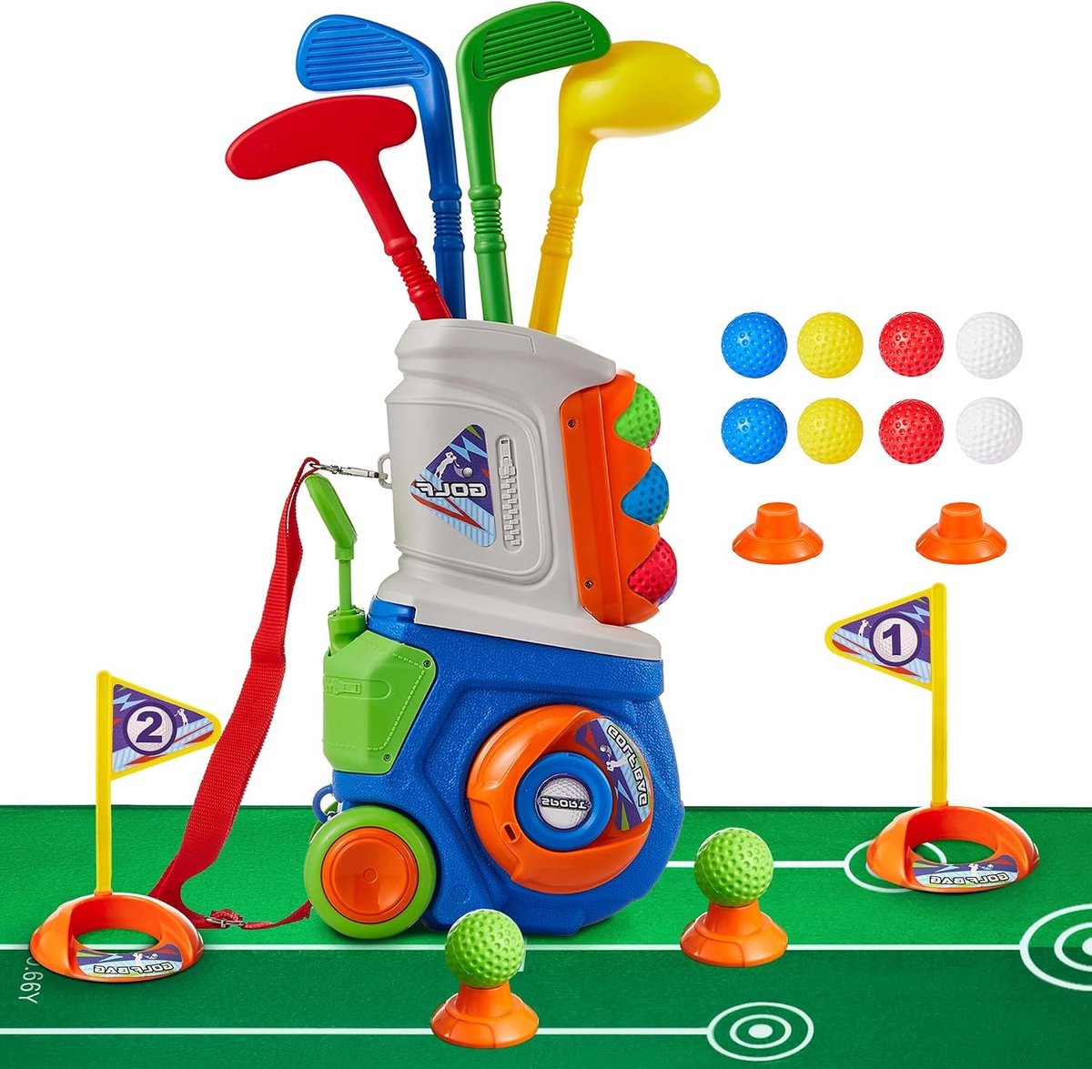 Blauw Golfset kinderen -Speelgoed golfset voor peuters van 1, 2, 3 en 4 jaar | Verbeterde golfkar met schouderriem, geschikt voor binnen- en buitensporten