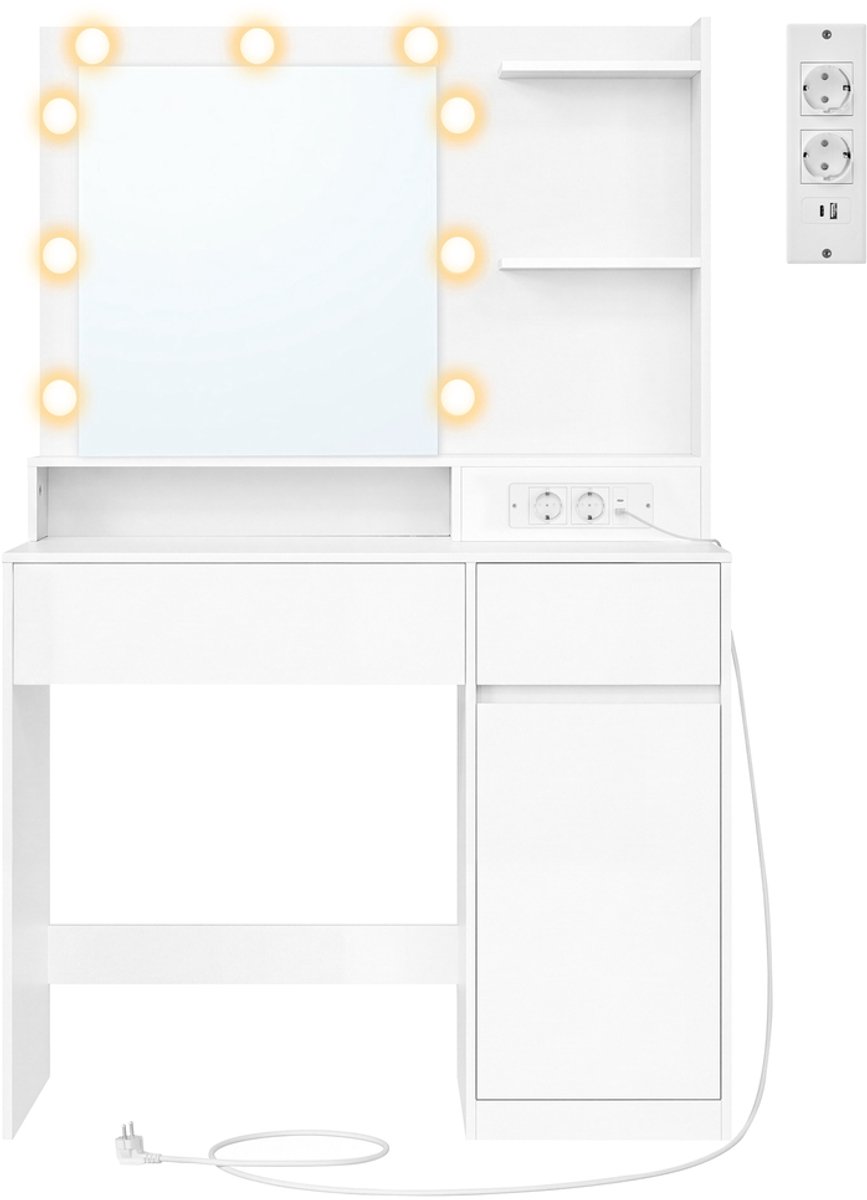 Kaptafel – Met oplaadstation – Met spiegel – Wit – 80 x 80 x 144,3 cm