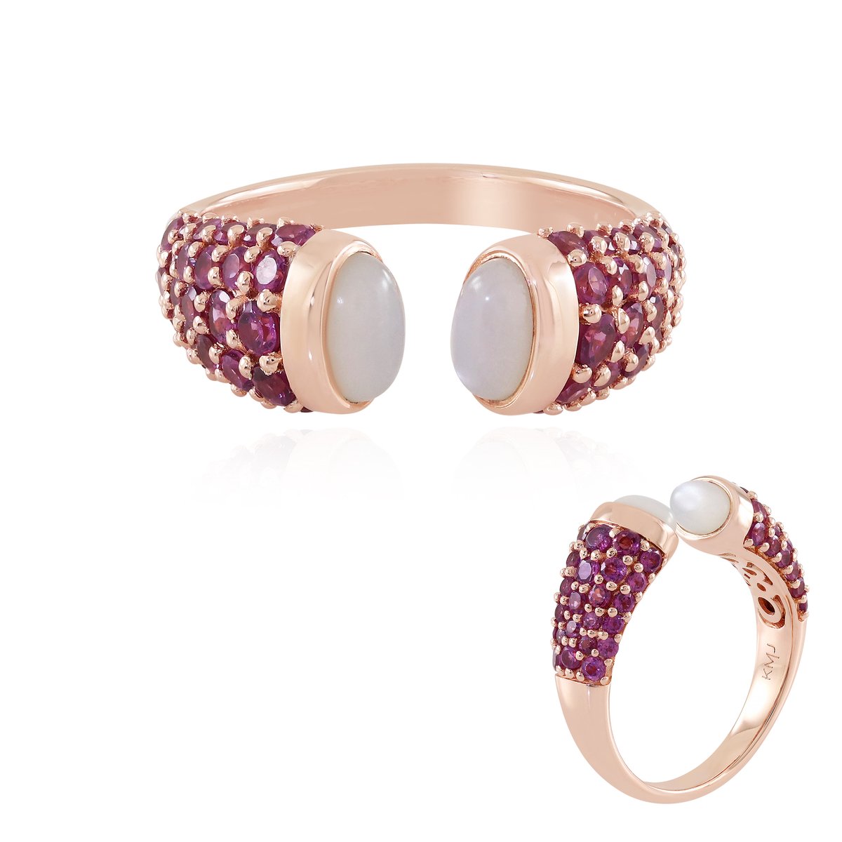 Cavill - Zilveren Ring met Witte Maansteen en Rhodolieten - 925 Sterling Zilver Roségoud Verguld - Ovaal Cabochon - Verstelbare Elegante Edelsteenring