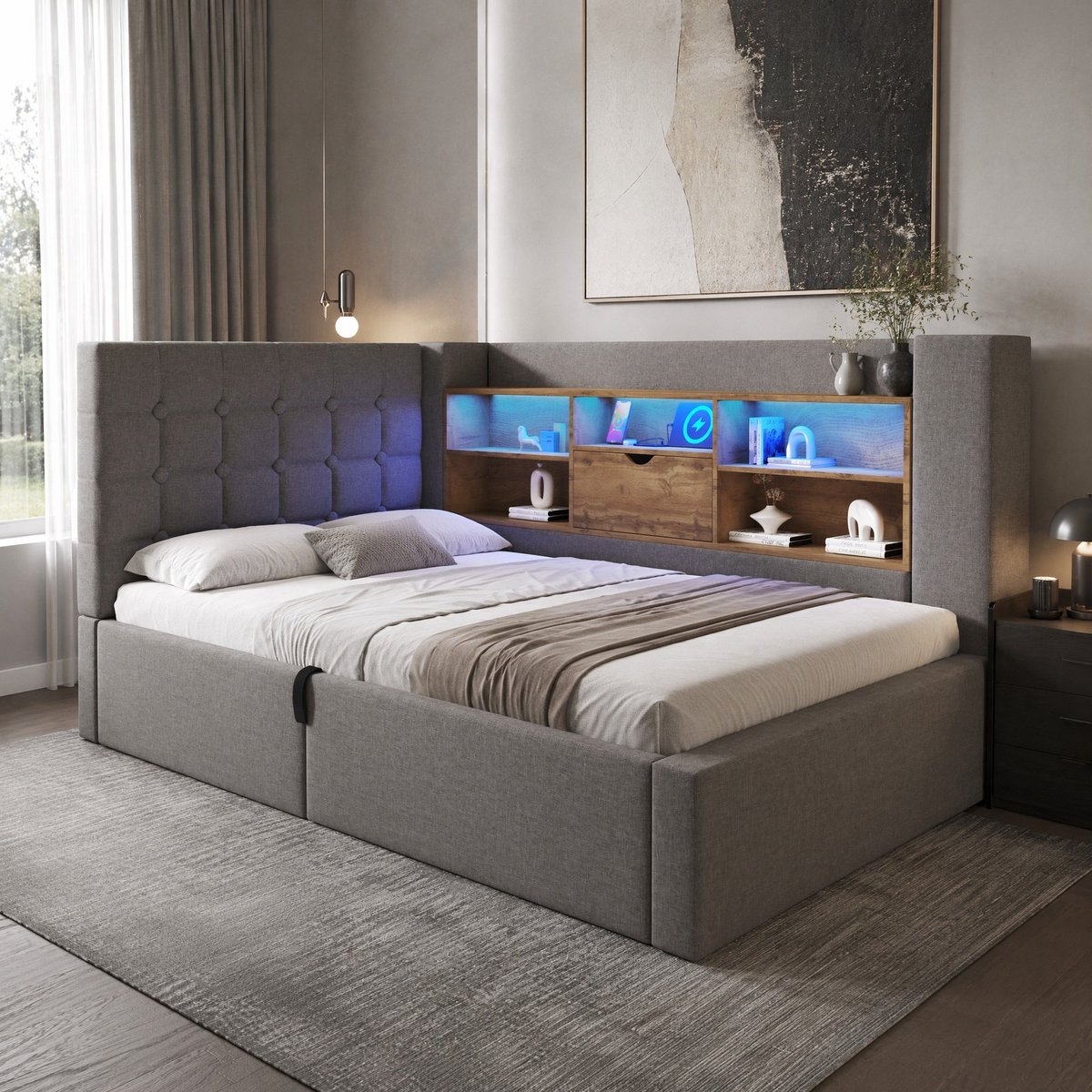 COVREO Bed 90x200 cm grijs stof, metaal en hout, LED en opbergruimte