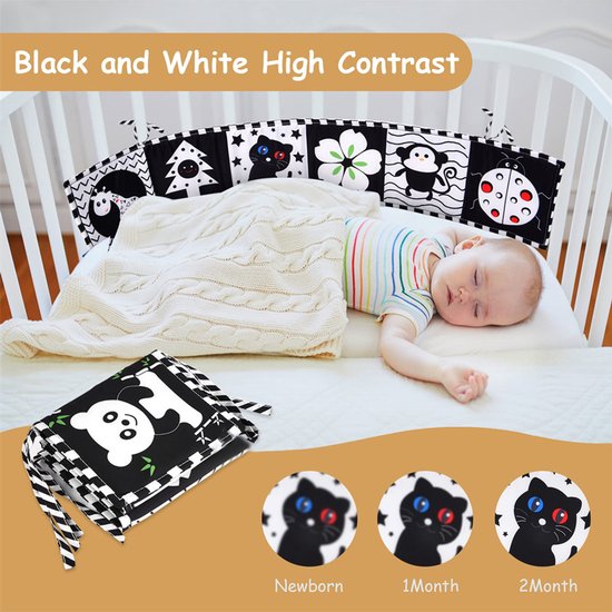 Zwart-wit babyboek, babyboek van zachte stof met hoog contrast voor pasgeborenen van 0-6-12 maanden, speelgoed voor buikligging, sensorisch speelgoed voor vroege educatie, cadeau voor jongens en meisjes, Lieveheersbeestje Stijl — afbeelding 4