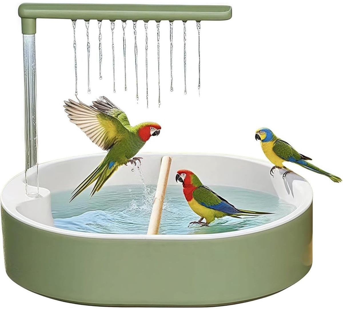 SSTRWGOOD Vogelbad - Vogeldouche met Watercirculatie - Vogelbadhuis met Zitstang en Antislipbodem - Geschikt voor Kleine Vogels en Parkieten - 31,8x28x25cm