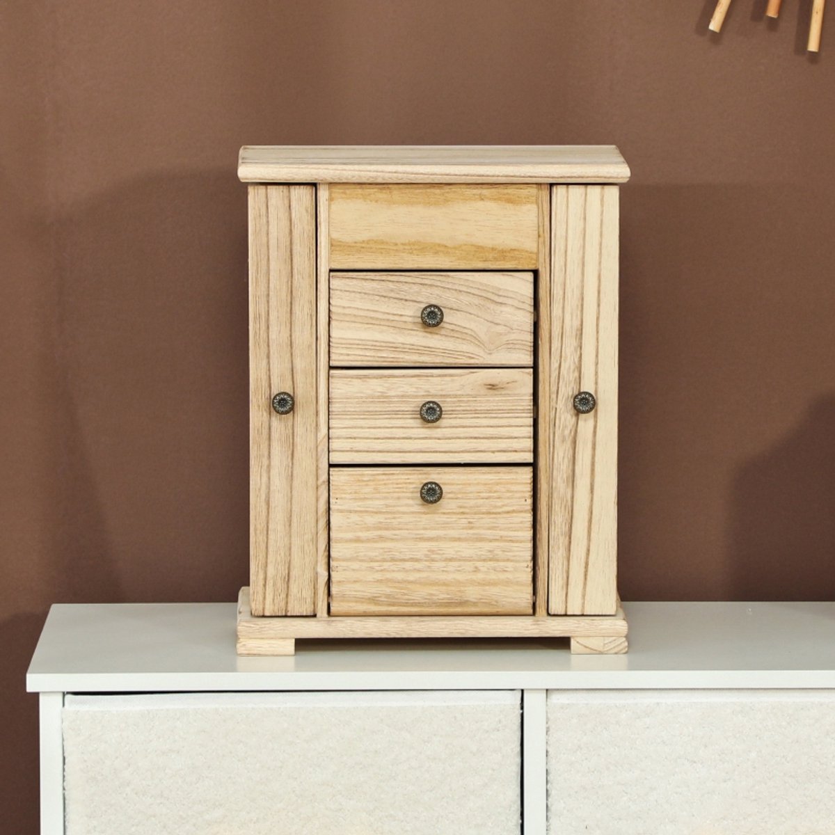 COVREO Sieradendoos 32 x 22 x 39 cm bruin hout, met spiegel en 4 lagen