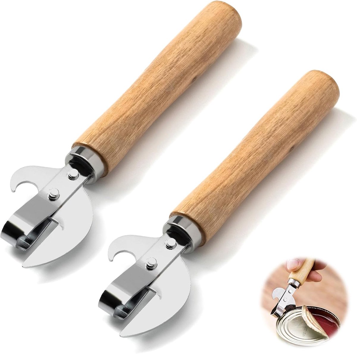 Bobypet - Blikopener - Set van 2 Stuks RVS Blikopeners met Ergonomisch Houten Handvat - Veilig Zijsnijdend Design - blikopener - Duurzame Keukenhulp voor Blikjes en Conserven