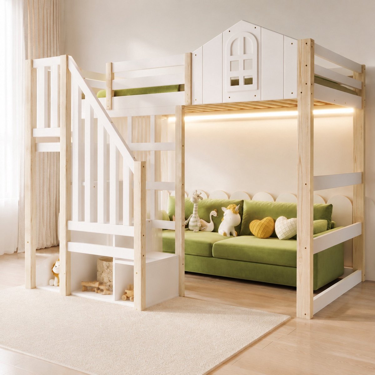 COVREO Hoogslaper 140x200 cm wit en naturel met LED en opbergruimte Wit + naturel