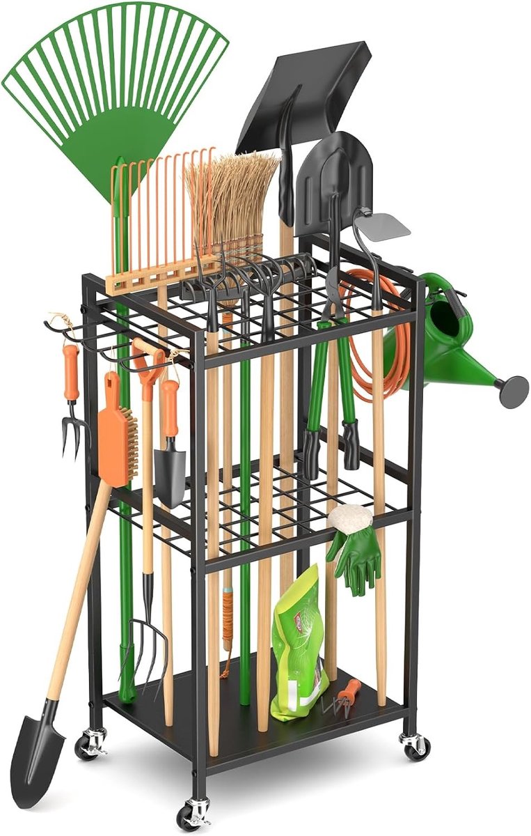 Tuingereedschap Organizer - Zwart - 80 x 40 x 34 cm - Mobiel Rek op Wielen met Ruimte voor 35 Gereedschappen - Voor Tuin en Garage