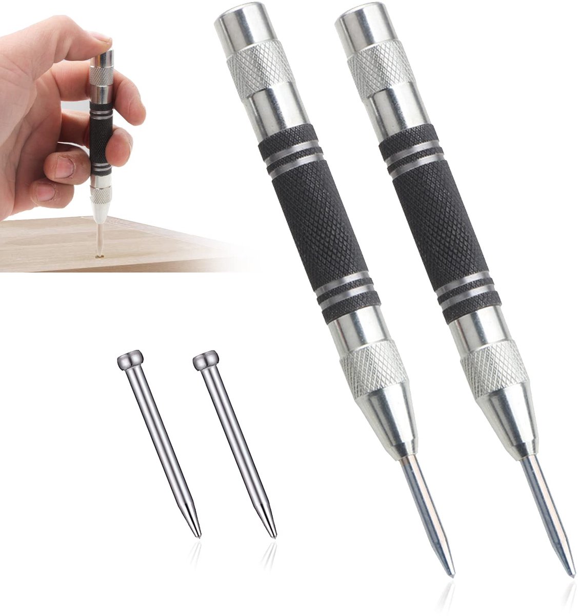 Automatische centerpunt - Metaal stempel - Gaten voorboren - Eenzijdig bedienbaar - 2 stuks - Zwart