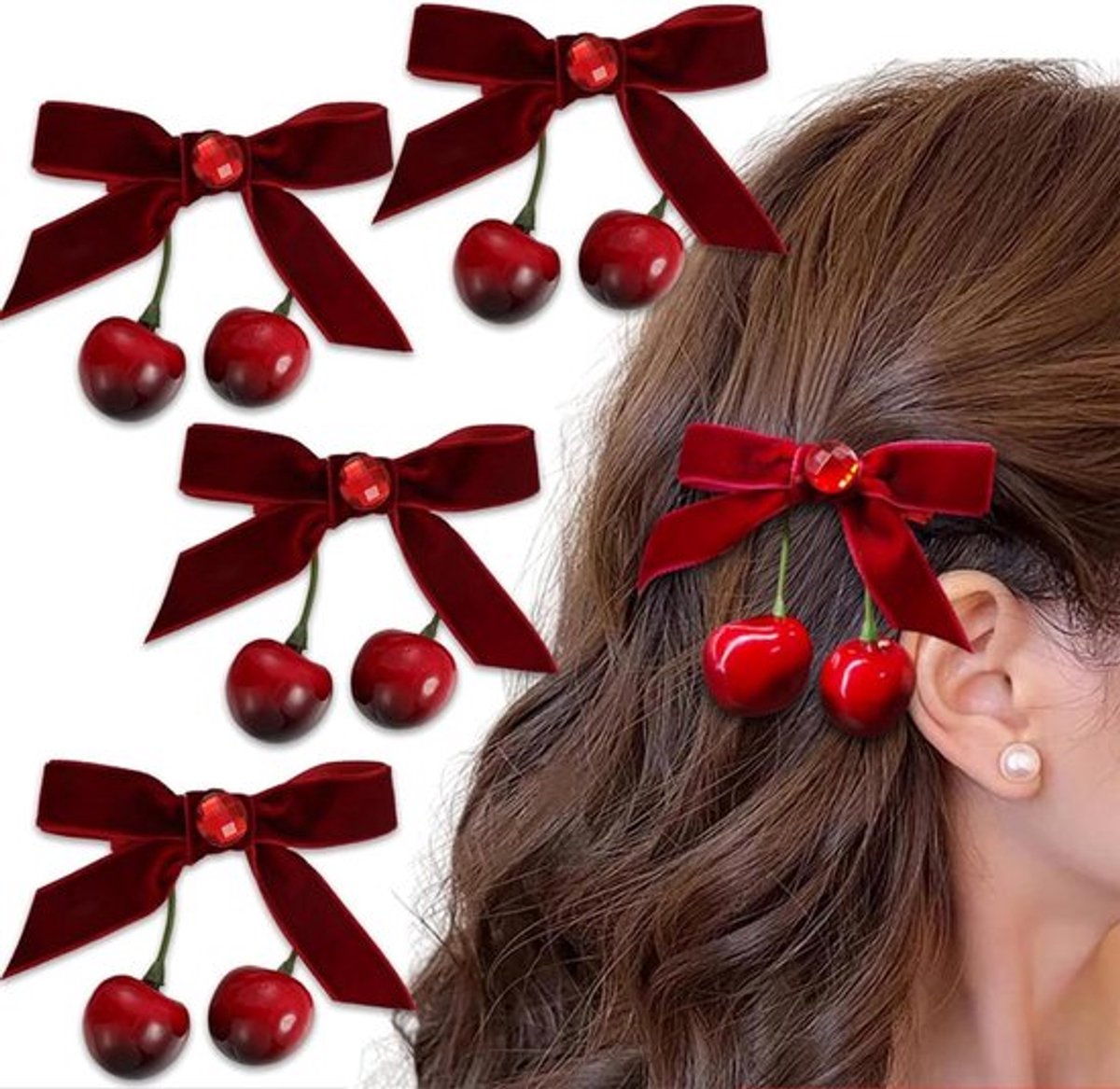 4 stuks kersenstrik haarspeld rood - haar accessoires voor dames - fluwelen alligator kersenhaarclips - voor paardenstaart - winter kerstversiering .