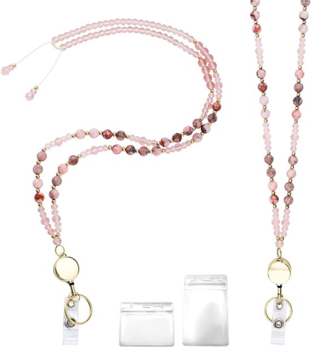 Uitrekbare badgekoord voor ID-kaart - Natuurlijke stenen kralen-lanyard met ID-houder - Schattige werkbadges voor kaarten en sleutels - Ideaal voor op reis, op kantoor en op school (Roze)