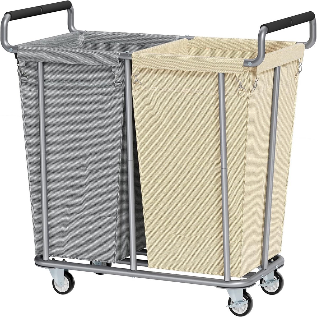 Wasmand met 2 Vakken - Grijs en Kaki - 91 x 48 x 93,5 cm - Waterdicht en Met Wielen - Voor Huishoudelijk Gebruik