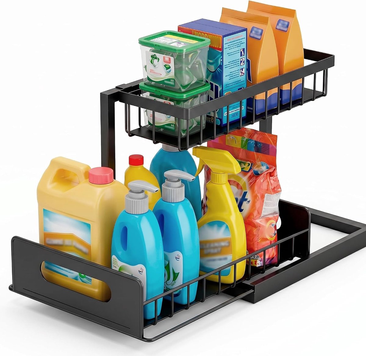 Gootsteenkast Organizer - Zwart - Uitschuifbaar Metalen Rek met Lade - Voor Keuken en Badkamer