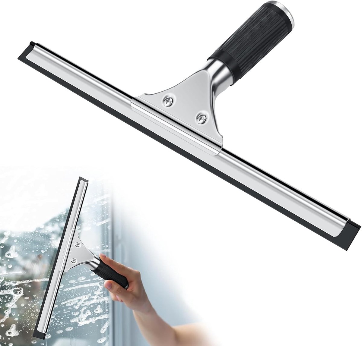 Professionele Raamwisser - Zwart - Roestvrij Staal met Rubberen Lip - Ideaal voor Douche en Glasreiniging