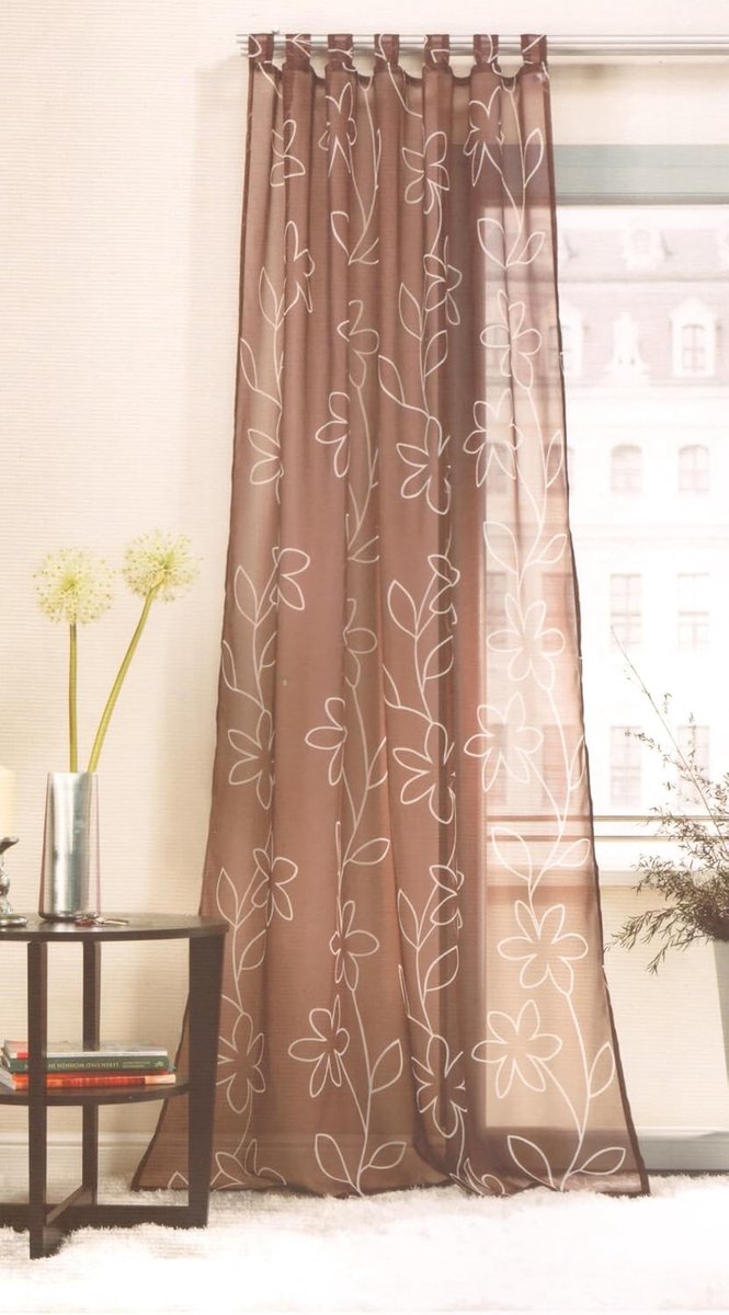 Tab-Top Gordijn - Bruin - 140 x 245 cm - Transparant met Bloemen - Voor Raamdecoratie