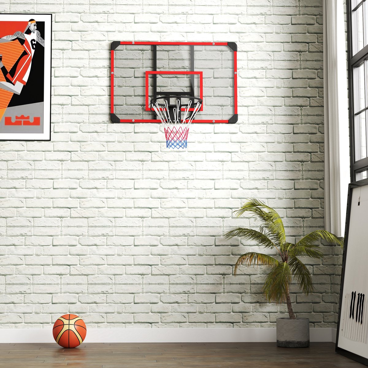 COVREO Basketbalbord 113x73 cm zwart rood staal, wandmontage binnen buiten