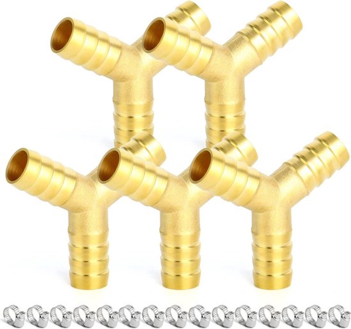 Messing slangpilaar set met Y-vormige slangfitting en klemmen - 5 stuks met 10mm diameter.