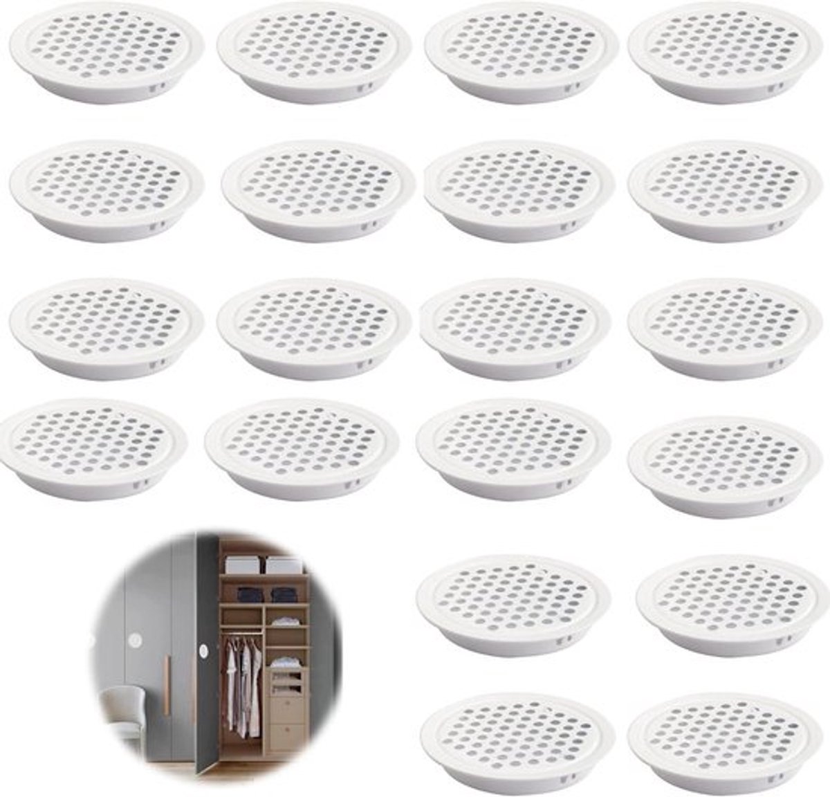 Rond Ventilatierooster - 20 Stuks, Wit/Roestvrij Staal, Ontluchtingsgaten - Ventilatierooster Voor Kledingkasten, Schoenenkasten en Boekenplanken