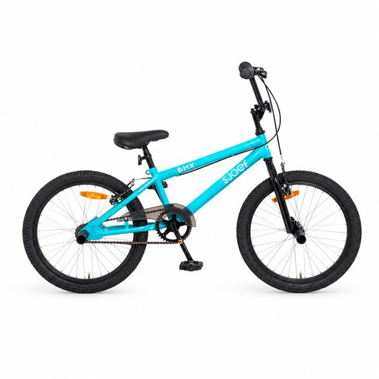 Vélo BMX turquoise avec pièces noires. Le logo 'BMX' et 'SJOEF' est visible.