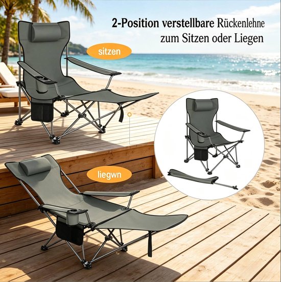 Campingstoel - Relaxstoel Met Verstelbare Rugleuning En Uitschuifbare Voetsteun - Voor Camping, Strand En Tuin - Staal Grijs — afbeelding 3