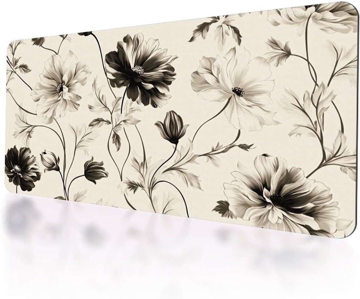 Bureau-onderlegger met antislip voor toetsenbord en muis, zwart met witte bloemen, grote gaming-muismat voor computer en laptop, 38 x 78 cm