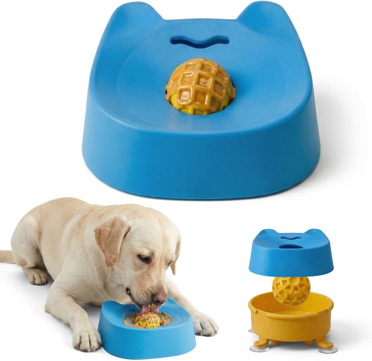Likbak voor honden met rollende bal – Interactief likspeelgoed met zuignap – Slow-feeder likbak voor vloeibare traktaties – Geschikt voor kleine en middelgrote honden – Ondersteunt bij voedingssupplementen en angstverlichting – Blauw