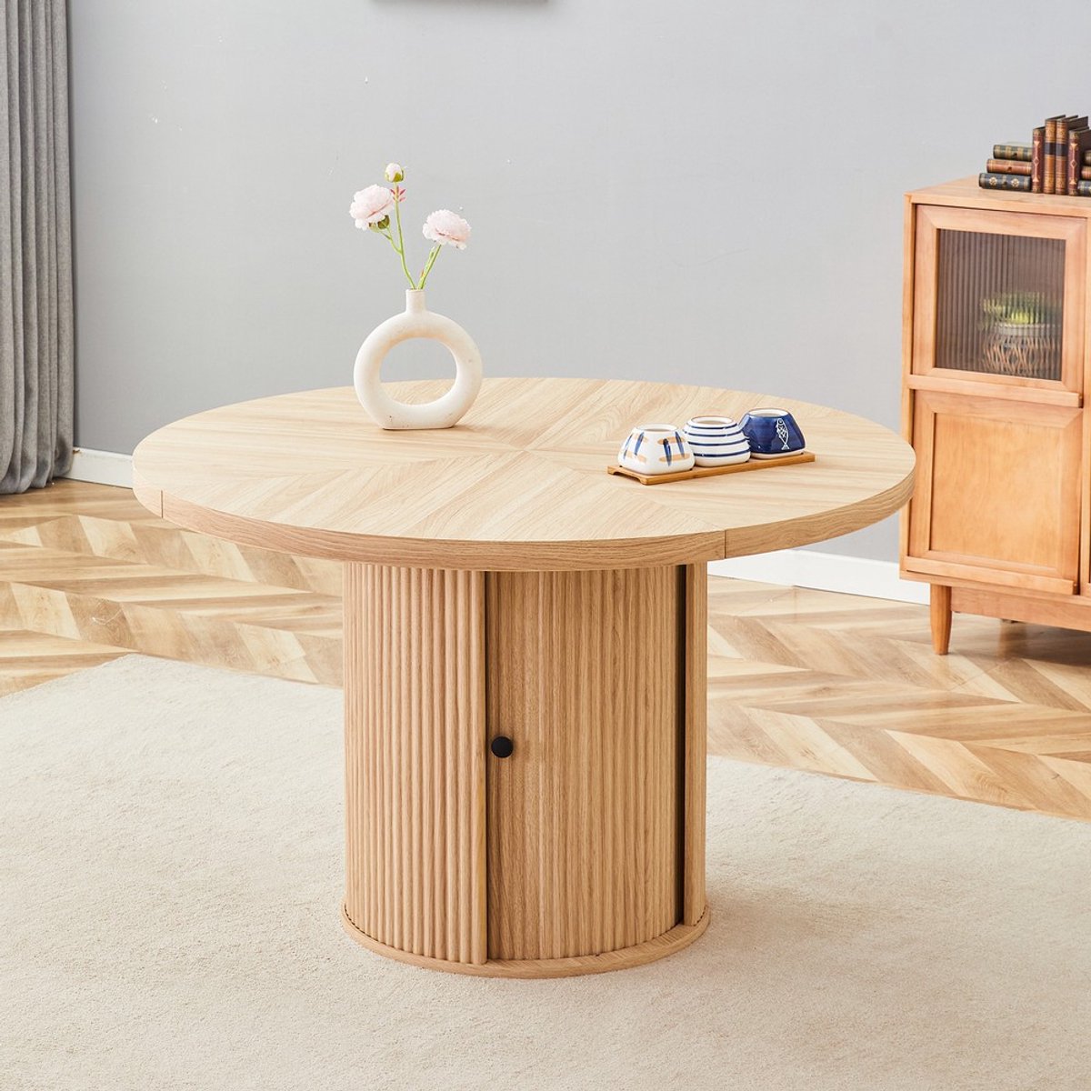KOMHTOM Ronde Eettafel - Houtlook - 115 cm - Met Opbergruimte - Zuilvoet met Kast - Voor 4-6 Personen - Scandinavisch Modern