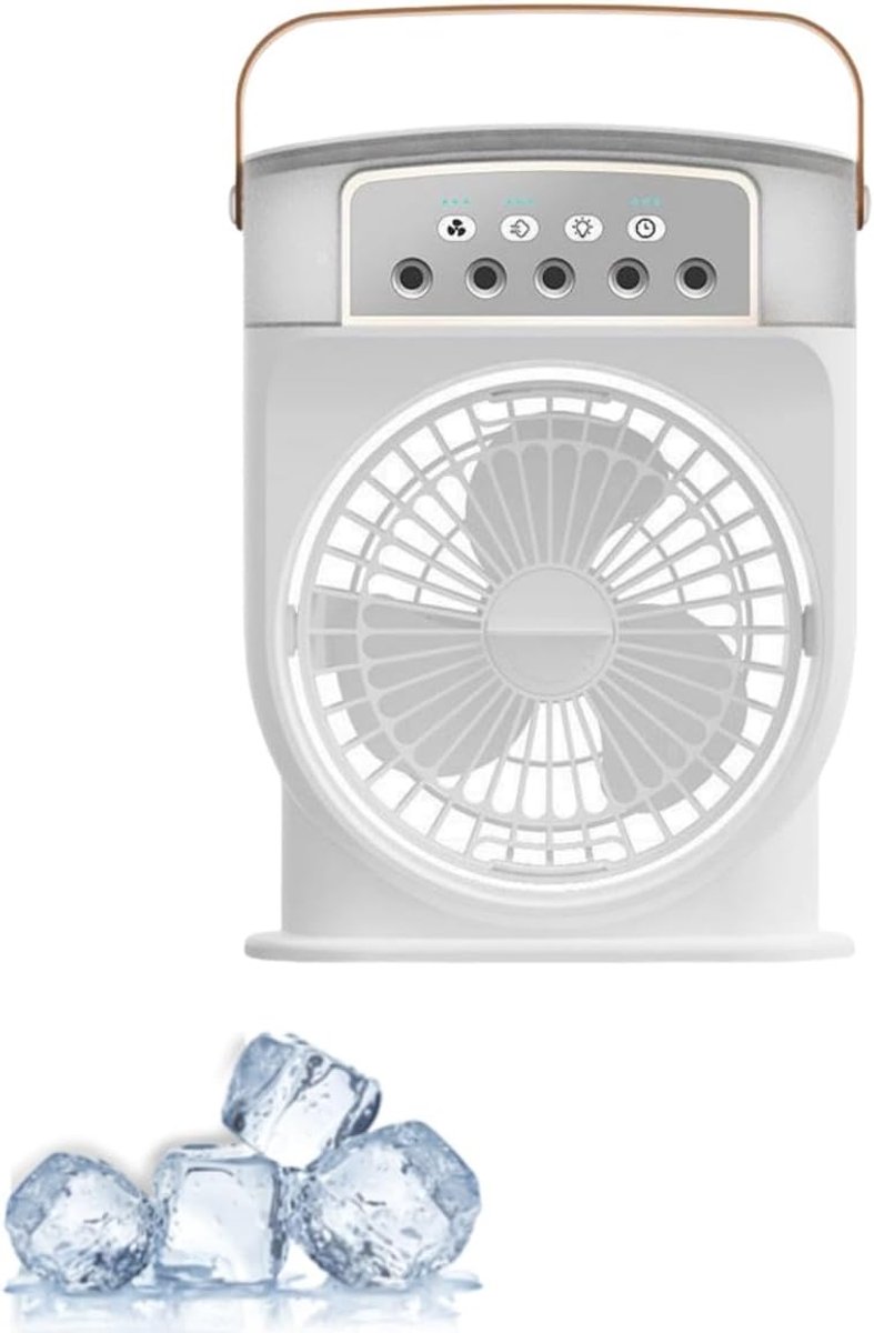 Luchtkoelingsventilator – Draagbare, oplaadbare tafelventilator – Voorzien van 3 snelheidsstanden en ijskoud koelsysteem – Geschikt voor bureaus, nachtkastjes of salontafels – Wit