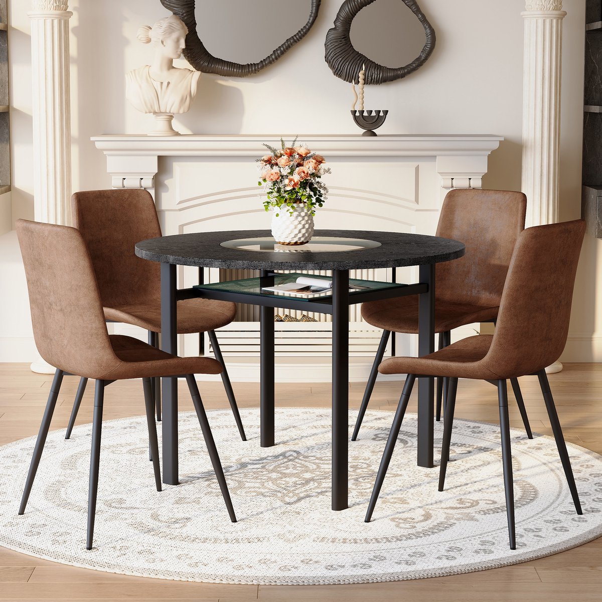 OKWISH Eethoek Set 100 Cm - Ronde Tafel Met 4 Stoelen - Voor Eetkamer En Woonkamer - Metaal En Stof - Bruin Zwart Bruin En Zwart