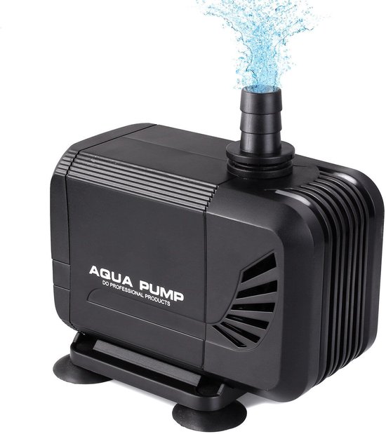 Zwarte 'Aqua Pump' dompelpomp spuit water omhoog, met zuignappen aan de onderkant en ribbedesign.