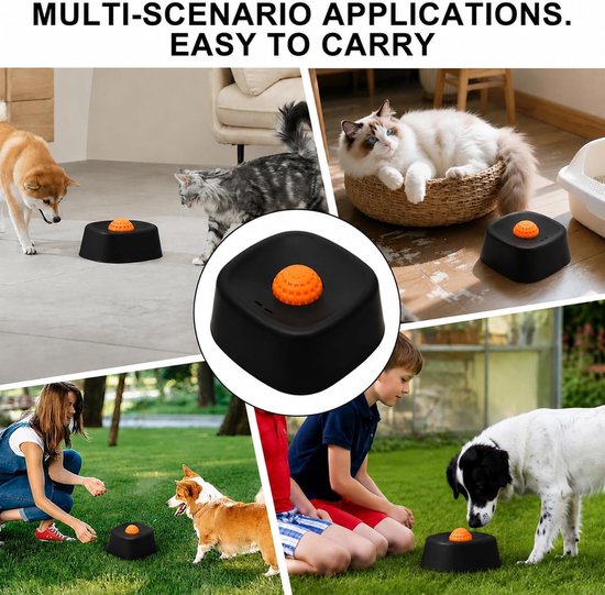 Een collage van vier afbeeldingen met een zwarte voerbak met oranje bal. De tekst "MULTI-SCENARIO APPLICATIONS. EASY TO CARRY" staat bovenaan.