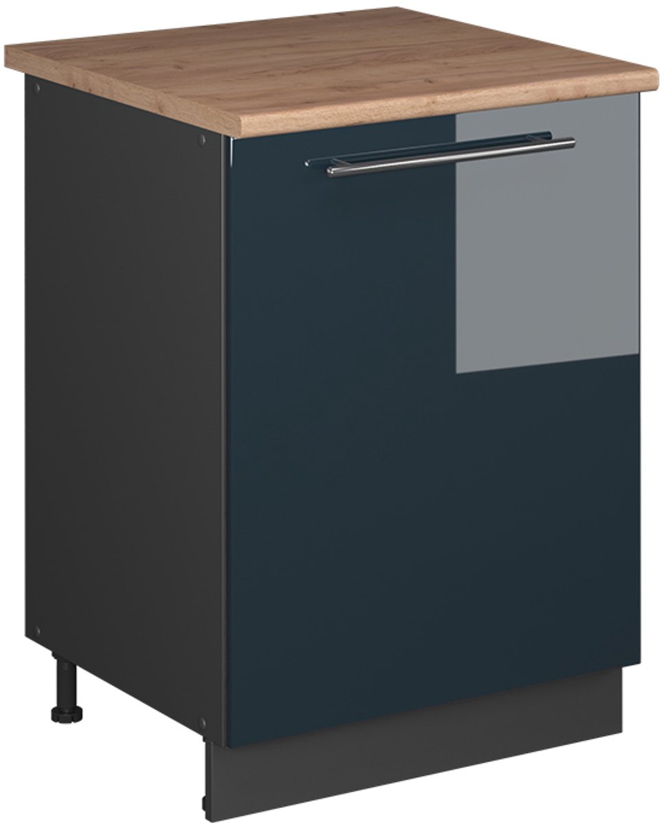 Vicco Keukenonderkast Fame-Line, Donkerblauw hoogglans/Antraciet, 60 cm 1 deur met werkblad
