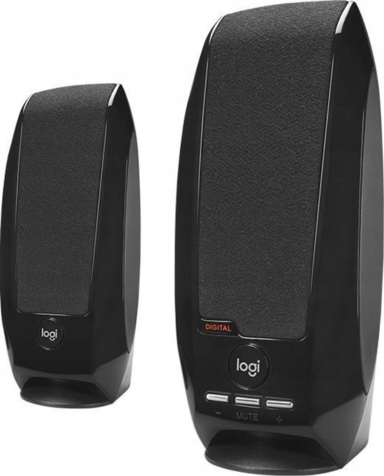 Twee zwarte Logitech speakers, de rechter met "DIGITAL" logo en bedieningsknoppen.