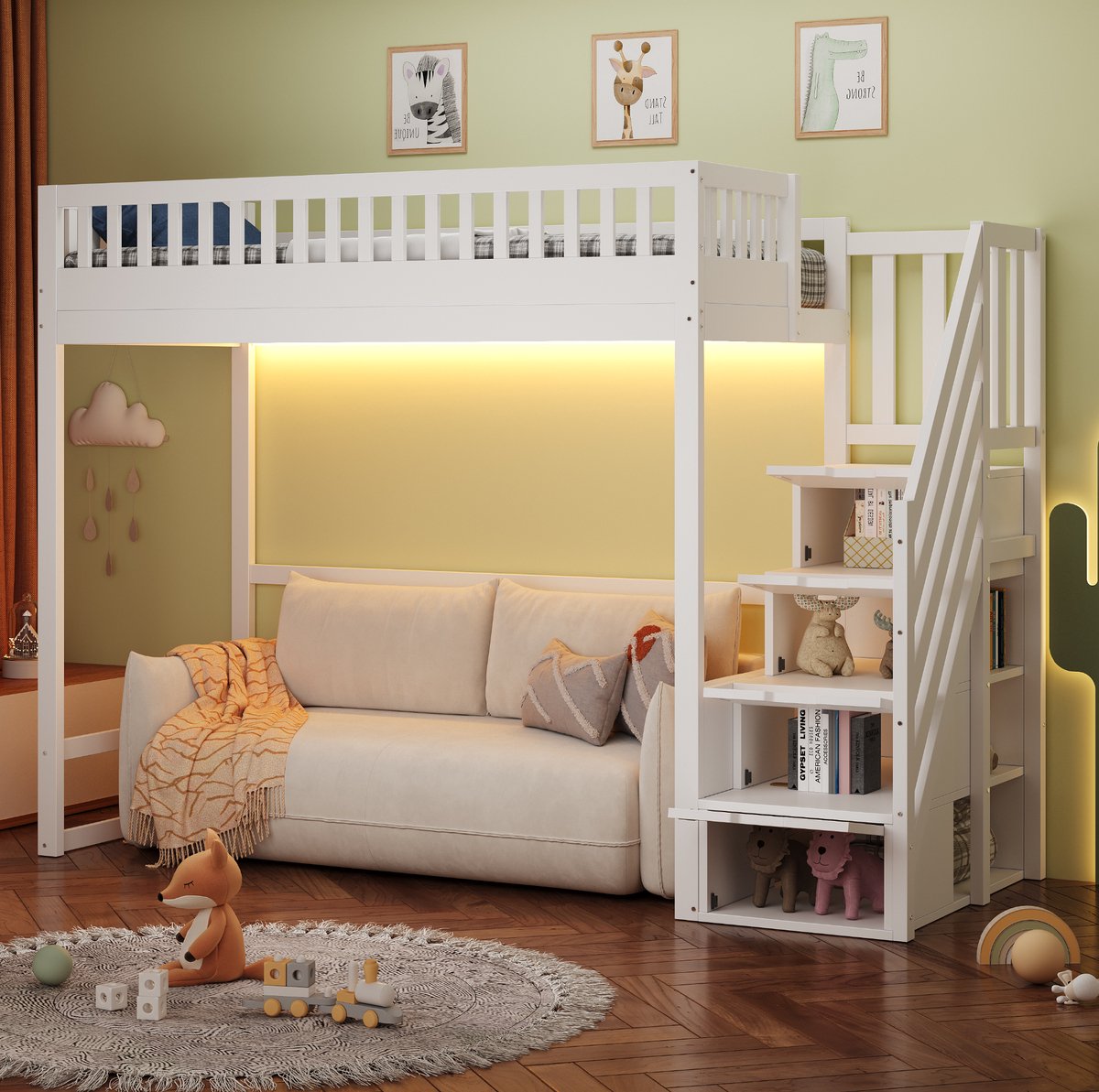 MEUNIQ Hoogslaper 90 x 200 cm met veiligheidsladder, beschermhekje, opbergtreden en LED-verlichting voor kinderkamer, wit