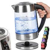 Glazen waterkoker met RVS, met blauwe verlichting, naast kleurvarianten.