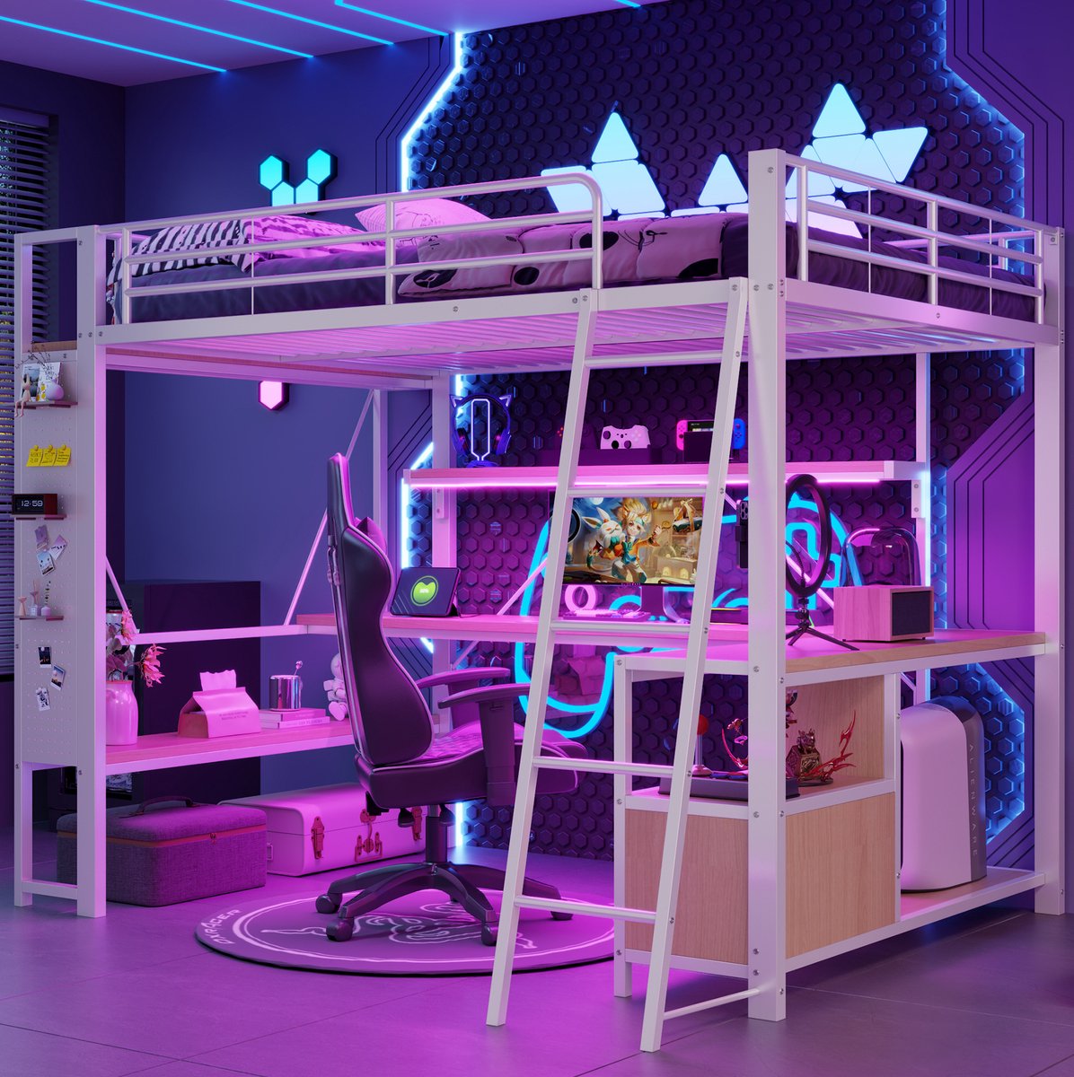 MEUNIQ hoogslaper 140 x 200 cm met bureau, opbergruimte, meerdere planken, LED-lichtstrip en USB-aansluiting voor slaapkamer of kinderkamer, wit White