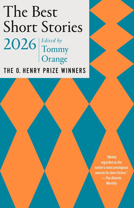 Boekomslag van The Best Short Stories 2026 met oranje en blauw ruitpatroon en tekst over de O. Henry-prijswinnaars.