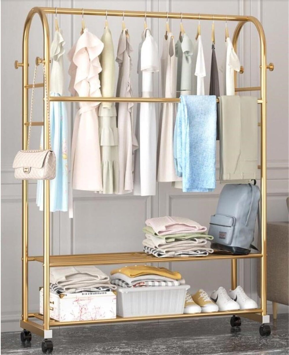 Kledingrek met Wielen - Kapstok Staand - Kleding Opbergen - Dubbele Schoenrekken - 150cm B