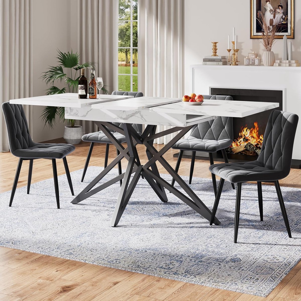 Eettafel Uitschuifbaar - Keukentafel - Gezellig Tafelen - Stervormige Poten - 120 tot 160 cm - Wit Marmerlook