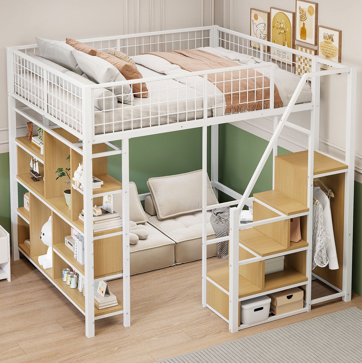 MEUNIQ hoogslaper 140 x 200 cm met trap en opbergruimte, metalen bedframe met open ruimte eronder voor slaapkamer of kinderkamer, wit White