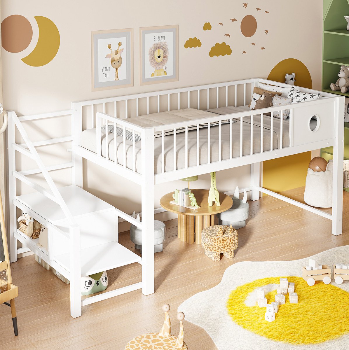 MEUNIQ Halfhoogslaper 90 x 200 cm met opbergladder en opbergruimte onder bed, metalen frame, MDF, eenpersoons kinderbed voor kinderkamer, zonder matras, wit White