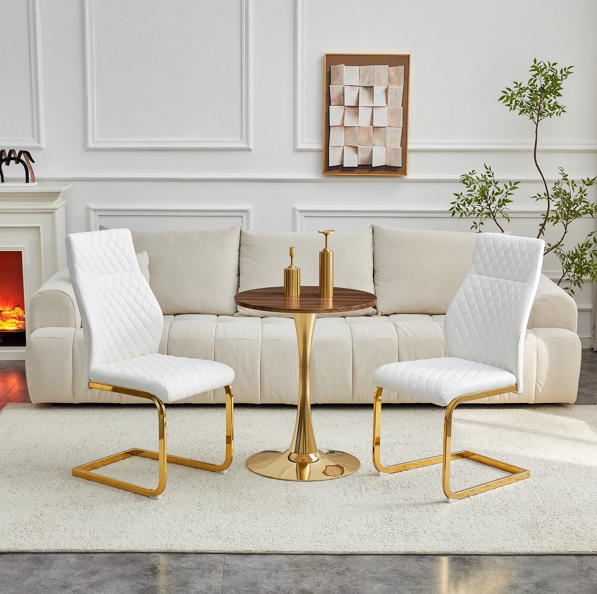 HAUSS SPOLE Tafel En Stoelenset - Ronde Eettafel Met 2 Eetkamerstoelen - Stabiel En Comfortabel - Voor Eethoek Of Woonkamer - Hout Metaal Wit Goud Walnoot