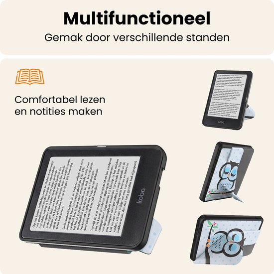 Hoesje Geschikt voor Kobo Clara HD Hoes Book Case Trifold - Hoes Geschikt voor Kobo Clara HD Hoesje Book Cover Met Screenprotector - Uil van Hoesje  — afbeelding 3