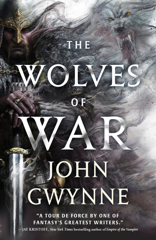 Boekomslag 'The Wolves of War' van John Gwynne met een krijger en een wolf in grijstinten.