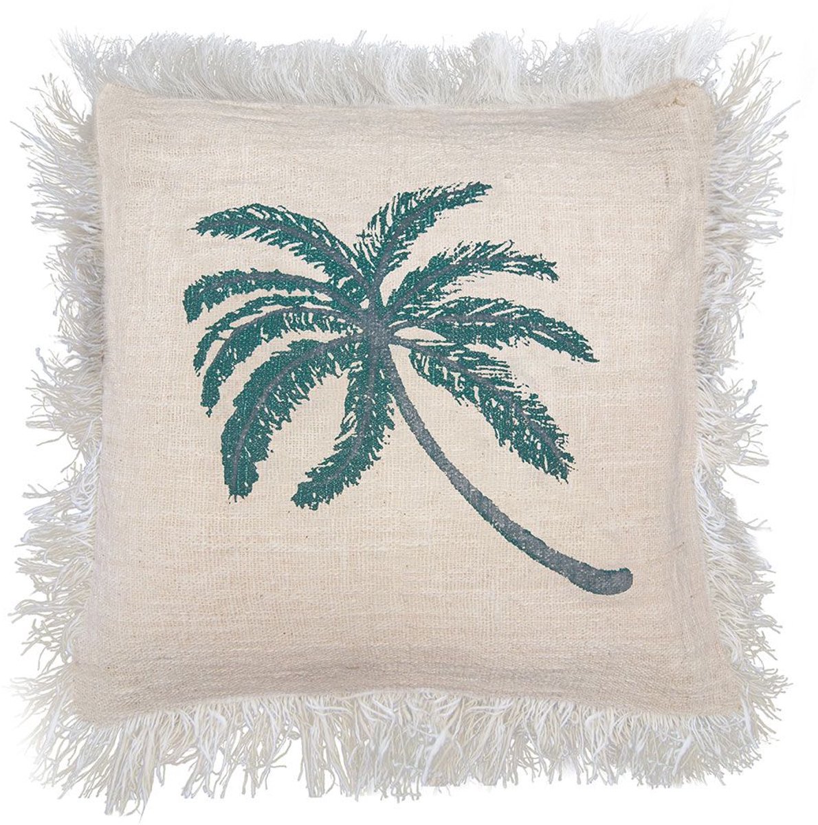 Ancient Wisdom - Kussen - Linnen kussen 45 x 45 cm met palmboom en franjes - decoratie - interieur - woonaccessoire - sierkussen - kussen